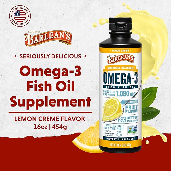 Barlean's Omega 3 Fish Oil Liquid Supplement for Men and Women, Lemon Crème, 1080mg of Omega 3 EPA and DHA Fatty Acid, 16 oz