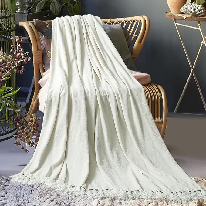 Chenille Throw Blanket for Couch 60"X 80" Twin, Soft Cozy Throws with Fringe Tassel for Bed Sofa Chair Cover, Lightweight Knitted Decorative Boho Blankets for Living Room, Ivory White
