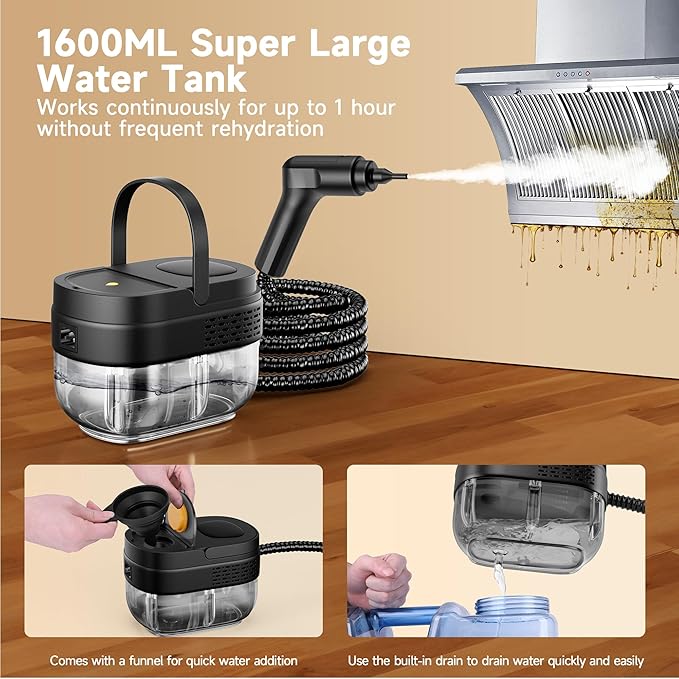 Handheld Steam Cleaner for Home, 3-Level Adjustable Handle, 10s Heat-Up, Portable Steamer for Cleaning with 1.69 Quarts Tank, Handheld Steamer for Car, Grease, Tile, Grout & Couch -15 PCS Accessories
