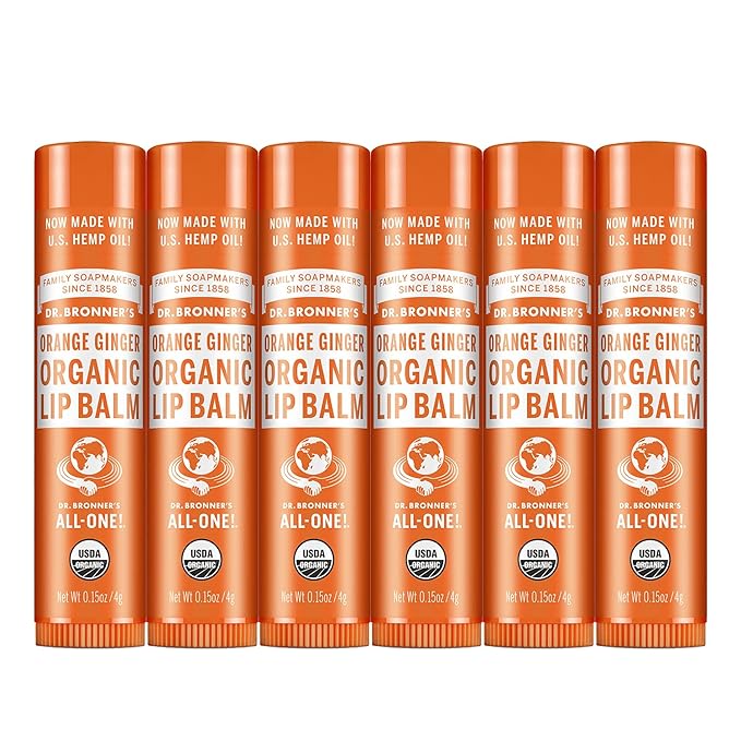 Dr. Bronner’s Organic Lip Balm 6-Pack (.15oz) Natural, Moisturizing, Petroleum-Free Lip Balm with Beeswax & Avocado Oil for Dry Lips, Men & Women - Orange Ginger