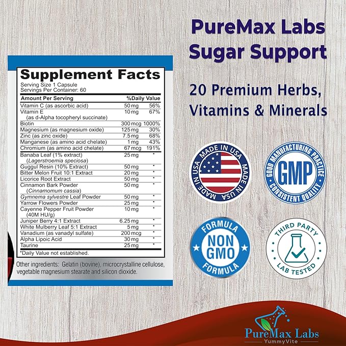 Sugar Support Supplement with Cinnamon, Chromium, Mulberry, Alpha Lipoic Acid - 20 Herbs & Vitamins - Non-GMO, 60 Capsules