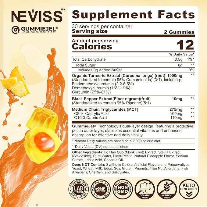 Turmeric Gummies 1000mg w/MCT Oil C8 C10, Organic Antioxidant, Turmeric Curcumin Supplement with Black Pepper Extract, Support Comfort, Boost Energy, Ultra Absorption, Sugar Free, 60 Cts