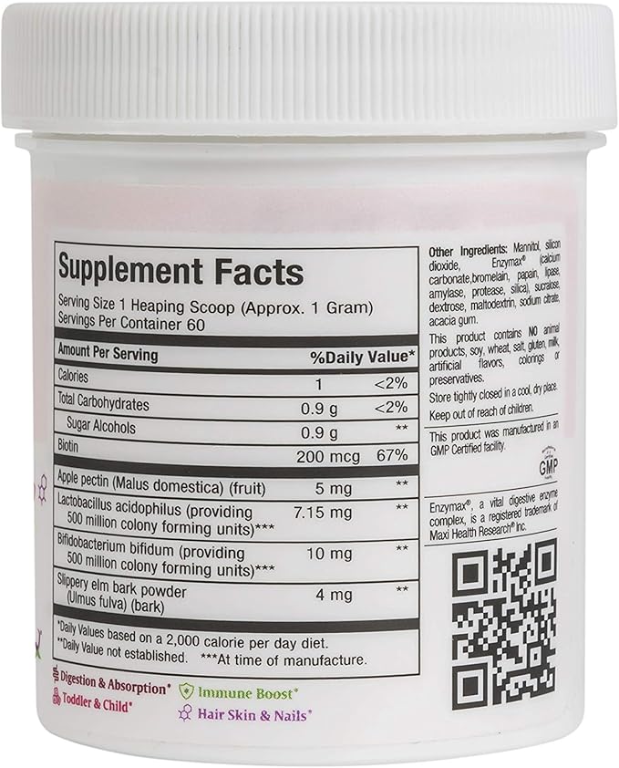 Probiotic Powder – Acidophilus & Bifidobacterium with Apple Pectin, Slippery Elm Bark & Biotin – Digestive & Immune Support, Gut Health, Hair Skin & Nails, Kids & Adults – Kosher, 2 oz (60 Servings)