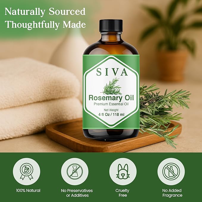 Siva Rosemary Essential Oil - 4 Fl Oz – Natural Rosemary Oil - for Diffuser, Face, Skin Care, Aromatherapy, Hair Care, Scalp and Body Massage - with Dropper