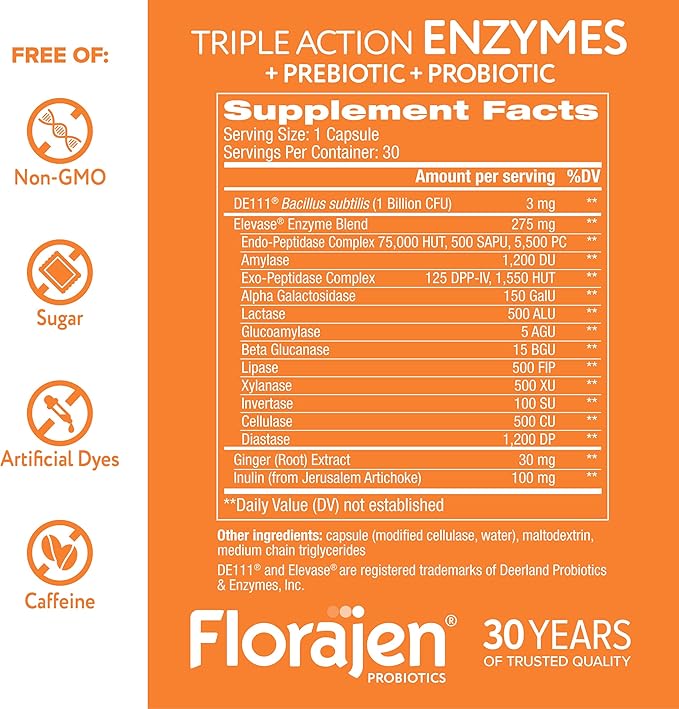 Florajen Digestive Enzymes with Probiotics & Prebiotics - Triple-Action Formula for Gut Health, Bloating, & Gas Relief - Supports Gluten & Dairy Digestion - Clean, Non-GMO - 30-Count