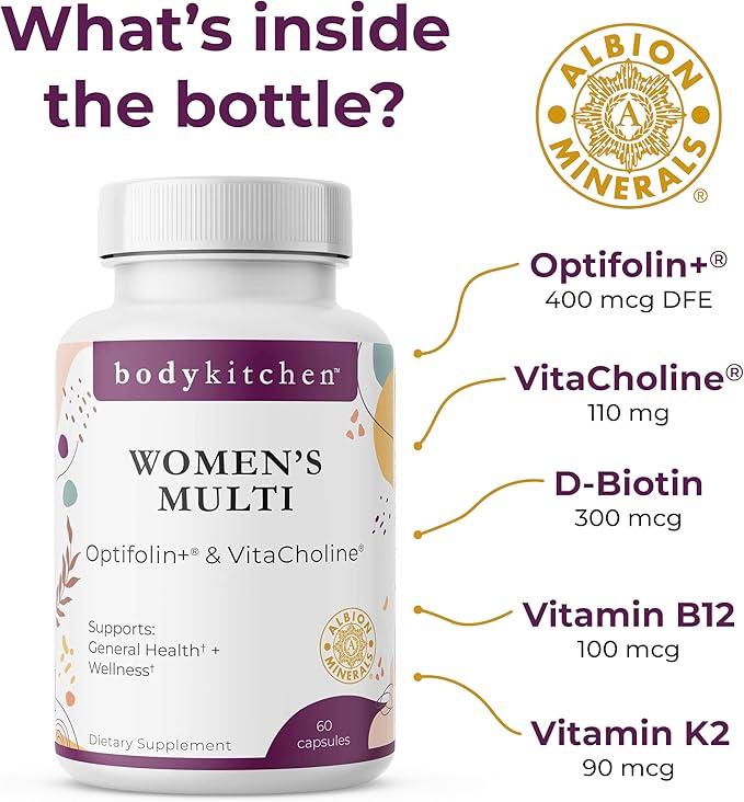 Body Kitchen Women’s Multivitamin with Optifolin+ & VitaCholine – Supports Immune, Energy & Skin Health – 60 Capsules