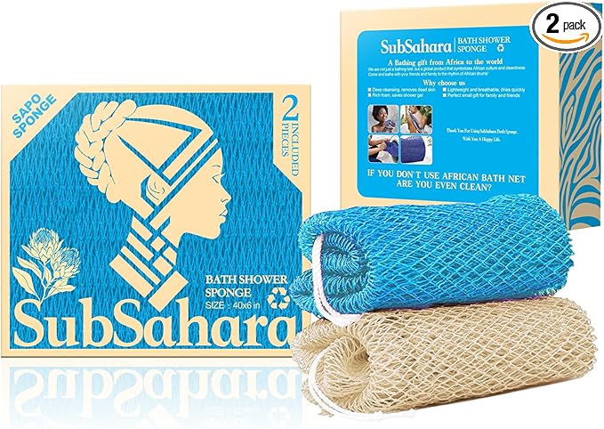 SubSahara Authentic African Net Sponge - 2 Pieces Exfoliating Scrubber for All Skin Types, Bath Sponge for Face & Body, Travel Portable, Durable, Gentle Exfoliation (Linen & Sky Blue)