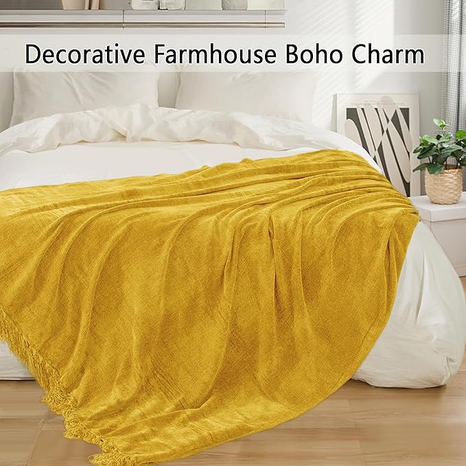 Chenille Throw Blanket for Couch 50"X 60", Soft Cozy Throws with Fringe Tassel for Bed Sofa Chair Cover, Lightweight Knitted Decorative Boho Blankets for Living Room, Yellow