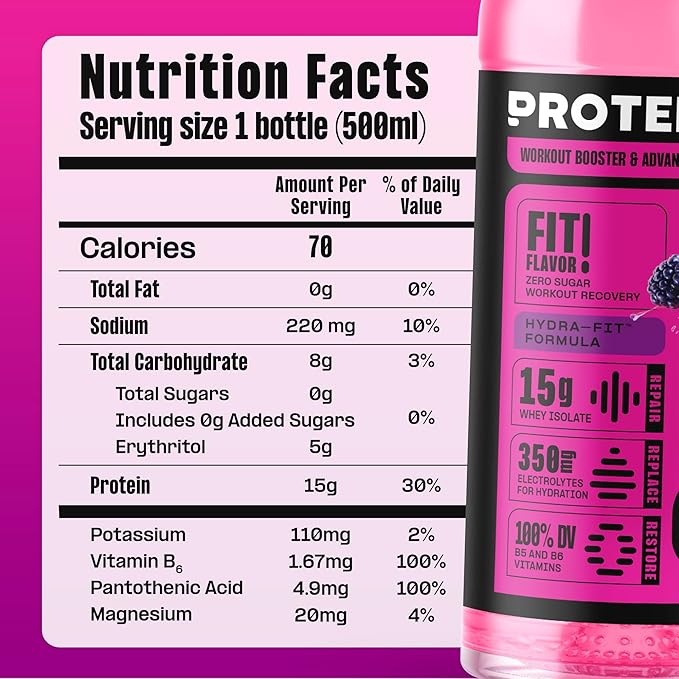 Protein2o Hydration Drink - 2-in-1 Liquid Clear Whey Protein Isolate and Electrolyte Drink - 15g Protein, Vitamins B5, B6 - Post-Workout Recovery - 16.9 Fl Oz - 12 Count Dragon fruit Blackberry
