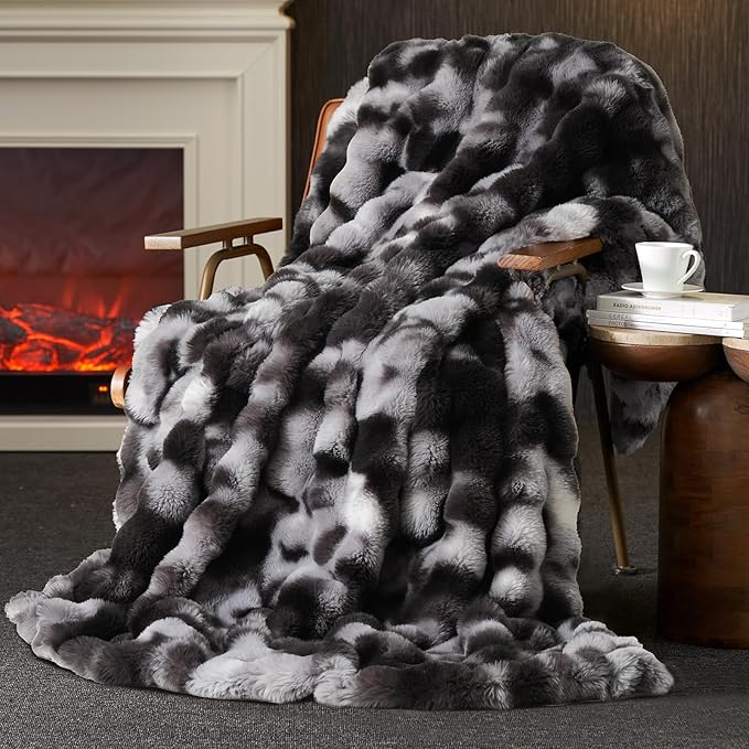 Amélie Home Faux Fur Throw Blanket for Couch, Fuzzy Soft Plush Thick Bubble Blanket for Sofa Bedroom Living Room, 60"x80" Inches, Tie-dye Black