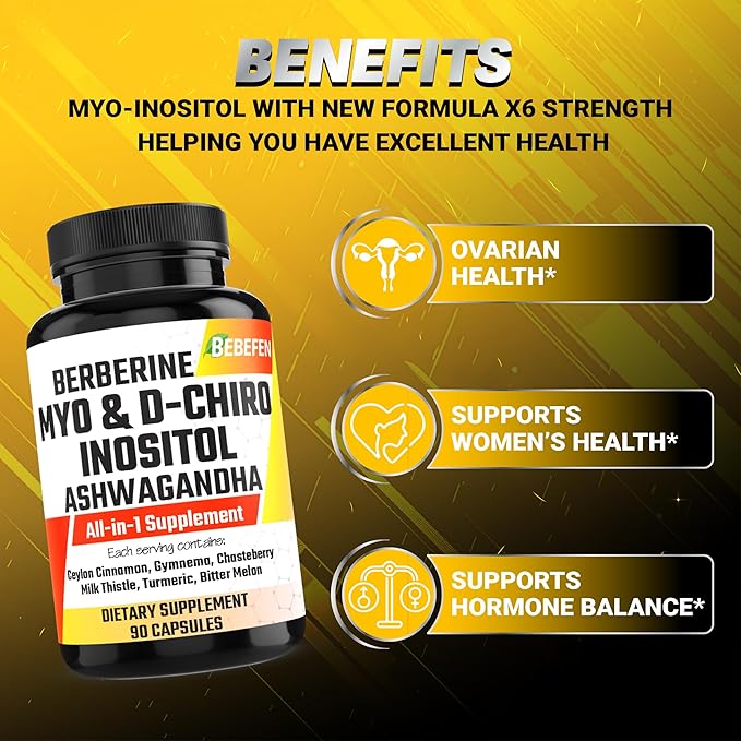 Myo-Inositol & D-Chiro Inositol Capsules with Ashwagandha, Berberine, Cinnamon, Gymnema, Chasteberry, Milk Thistle, Turmeric, Bitter Melon - 90 Capsules