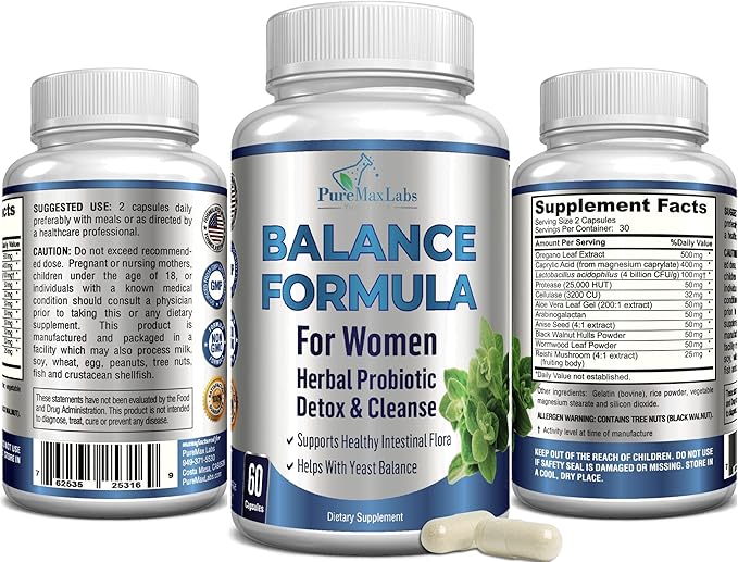 Balance Complex for Women - for Vaginal Health, Herbal Detox & Cleanse, Vaginal Probiotics, Supports Healthy Intestinal Flora, Helps with Yeast Infections 60 Capsules