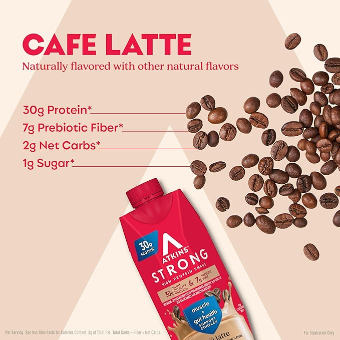 Atkins Strong High Protein Shake, Café Latte, 30g Protein, 7g Prebiotic Fiber, Muscle & Gut Health Support Complex, 12 Count
