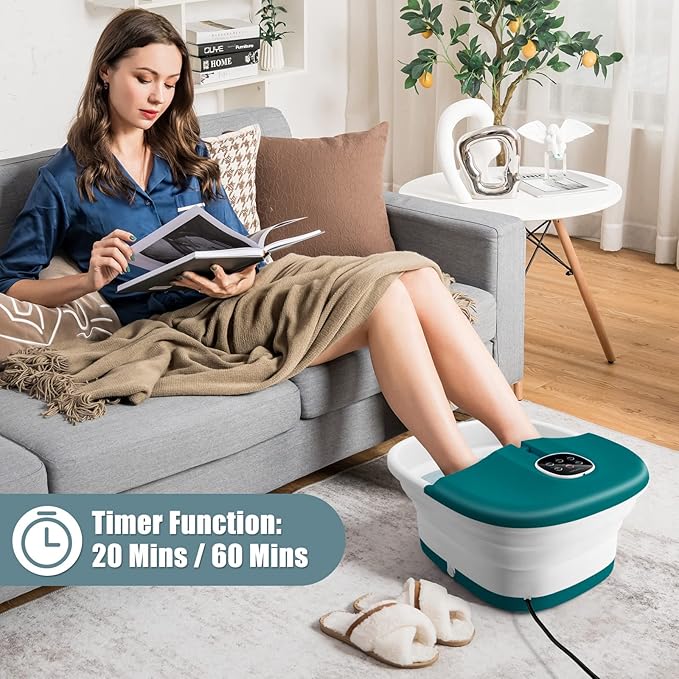 COSTWAY Collapsible Foot Spa Bath, with Heat, Bubbles, 16 Shiatsu Massage Rollers, Pedicure Foot Spa Tub W/Remote Control, Timer, Pumice Stone, Medicine Box (Deep Blue+White)