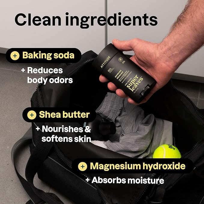 ATTITUDE Aluminum-Free Deodorant for Men, 95% Natural Origin Ingredients, EWG Verified, Plant Based Odor Control, With Baking Soda, Amber & Citrus, 2.64 Oz