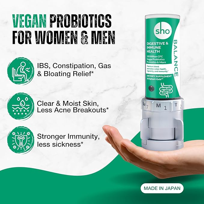 SHO Balance 100 Billion CFU Prebiotics & Probiotics – Supports Digestive & Gut Health – Vegan Supplement for Women & Men – Lactobacillus Casei | Shelf-Stable Bottle | 60 Pills