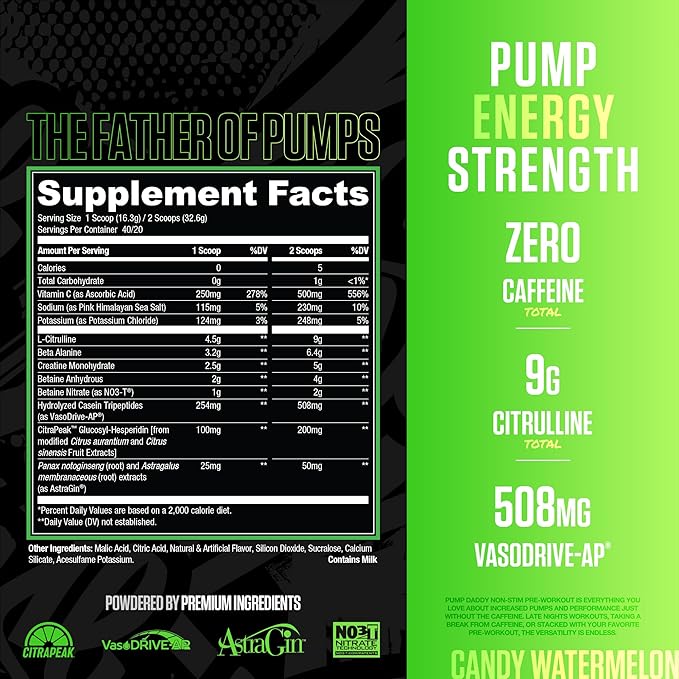 RYSE Pump Daddy V2 Pre Workout Powder - Noel Deyzel Signature - Candy Watermelon - Non-Stim Supplement with Citrulline, Creatine and Beta Alanine for Pumps, Endurance and Strength - 40 Servings