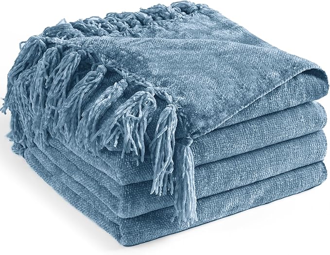 Chenille Throw Blanket for Couch 50"X 60", Soft Cozy Throws with Fringe Tassel for Bed Sofa Chair Cover, Lightweight Knitted Decorative Boho Blankets for Living Room, Dusty Blue
