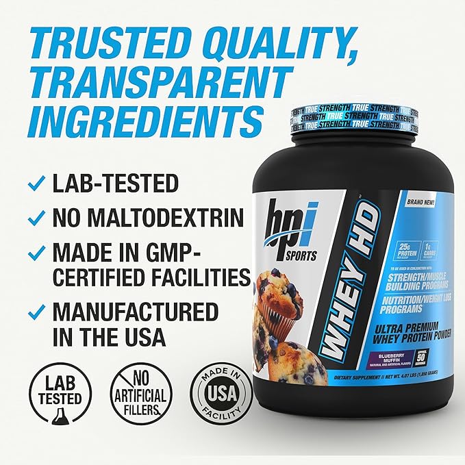 BPI Sports Whey HD Ultra Premium Protein Powder Isolate | Workout Whey Protein Powder for Men & Women for Muscle Gain | Milk Protein Concentrates | Blueberry Muffin, 4.07 Pound