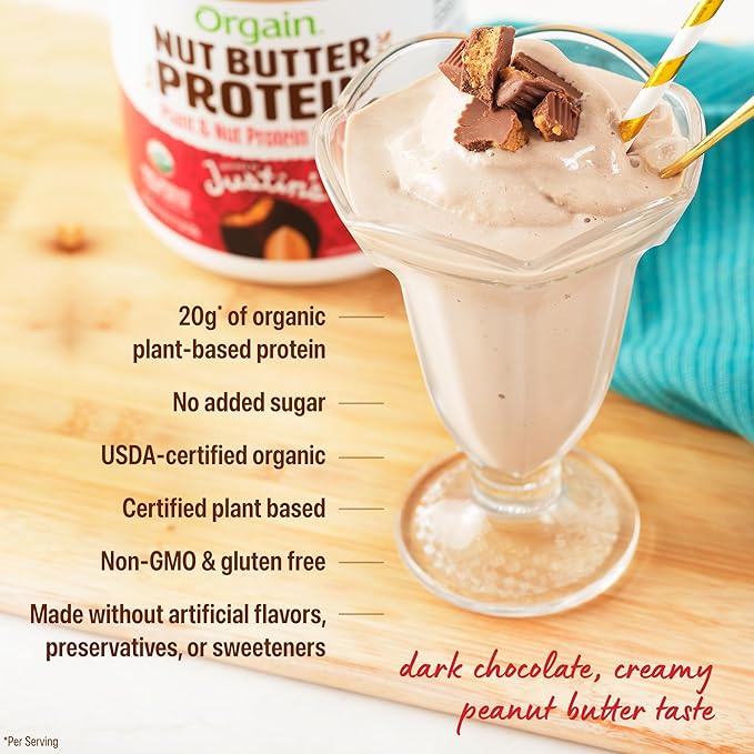 Orgain X Justin's ® Organic Vegan Nut Butter Protein Powder, Chocolate Peanut Butter- 20g Plant Protein, 1g Sugar, Gluten Free, No Dairy, Soy Ingredients, or Artificial Flavors, 1.17 lb