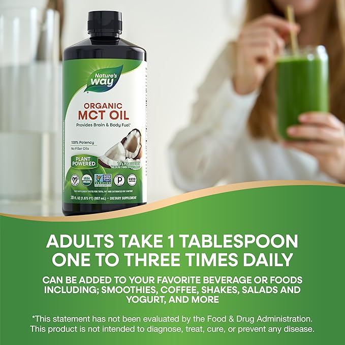Nature's Way Organic MCT Oil, 30 Fl Oz, Brain and Body Fuel from Coconuts*, C8 Caprylic Acid and C10 Capric Acid, Keto and Paleo Certified, Organic, Non-GMO Project Verified
