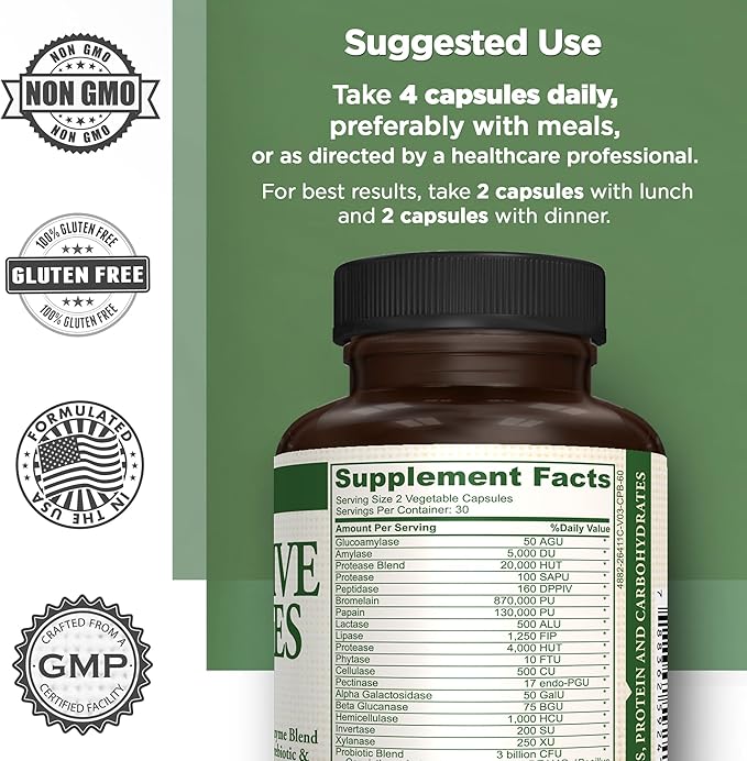 Digestive Enzymes Plus Probiotics.18 Broad Spectrum Digestive enyzme Blend with 5 probiotic strains Plus prebiotic and postbiot Support. - 60 Vegetarian Capsules