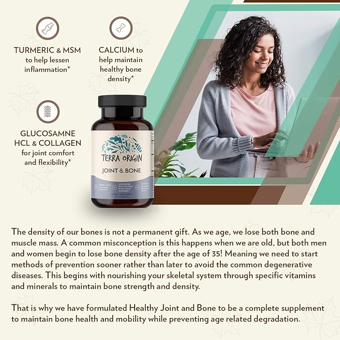 TERRA ORIGIN Joint and Bone Health | 120 Tablets | with Calcum D3, Glucosamine, hyaluronic Acid, Collagen, Tumeric and Boron | Flexibility and Mobility | Joint Supplement for Women and Men