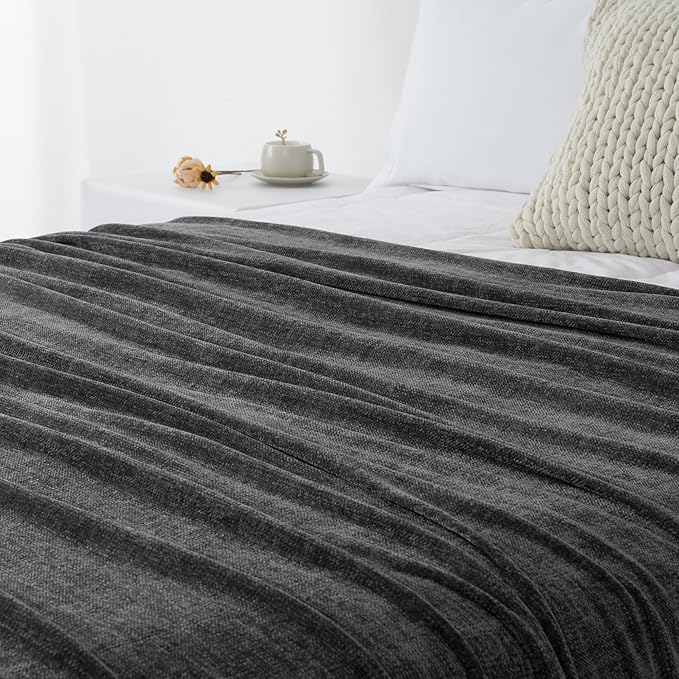 Chenille Throw Blanket for Couch 60"X 80" Twin, Soft Cozy Throws with Fringe Tassel for Bed Sofa Chair Cover, Lightweight Knitted Decorative Boho Blankets for Living Room, Dark Grey