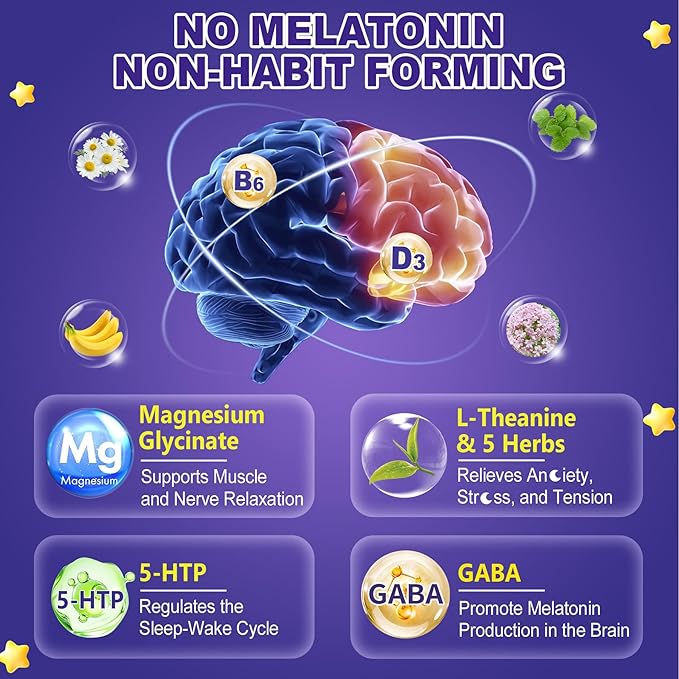 Melatonin Free Sleep Gummies, with Magnesium Glycinate, GABA, 5-HTP, L-Theanine, Valerian, Chamomile, Lemon Balm, Vitamin D3 & B6 - Hormone & Drug- Free, Non-Habit Forming,Sugar Free