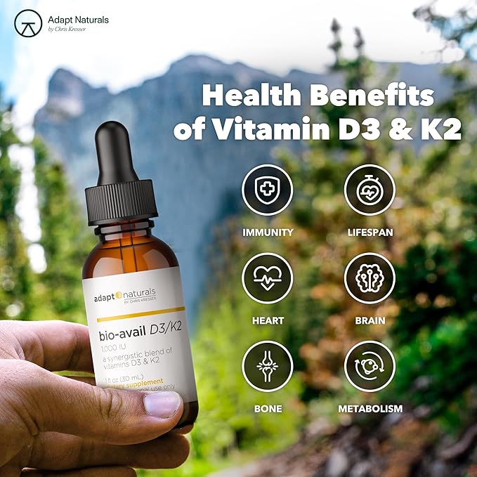 Adapt Naturals Vitamin D3 K2 1000 IU Supplement with MCT Oil, Bioavailable Highly Absorbable Liquid Formula, Overcome Vitamin D Deficiency, Support Immune & Metabolic Health - 1 FL Oz, 600 Servings
