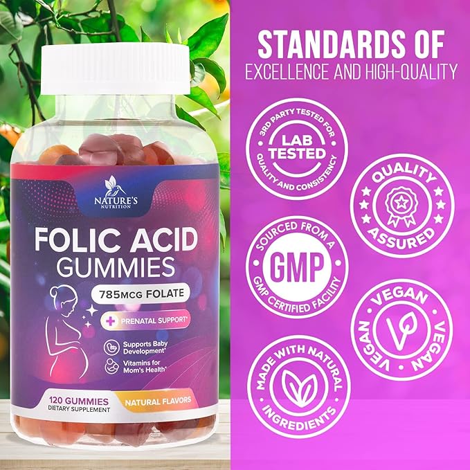 Folic Acid Gummies for Women 785 mcg, Essential Prenatal Vitamins for Mom & Baby, Vegan Folic Supplement Gummy, Daily Vitamin B9 Extra Strength Folate, Before During After Pregnancy - 120 Gummies