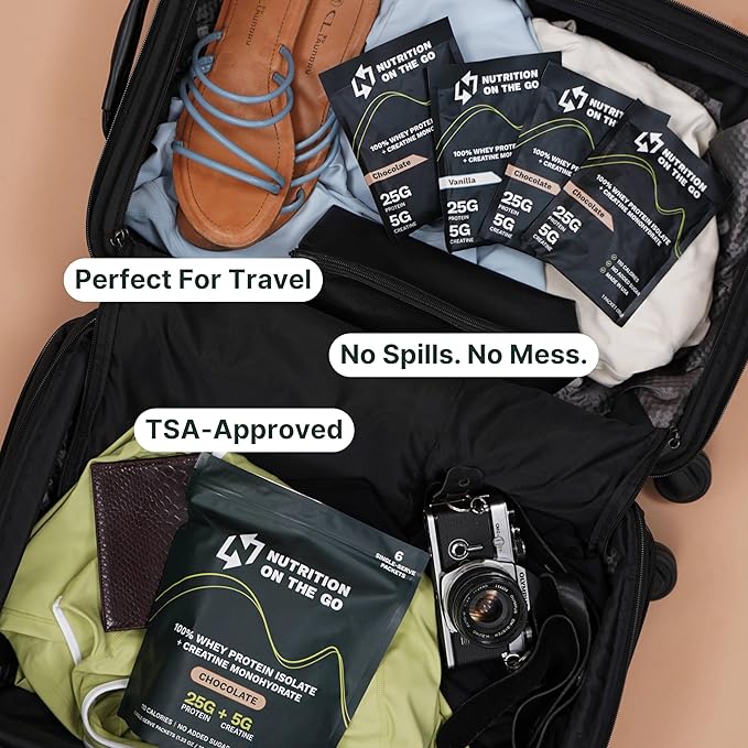 Travel Whey Protein Isolate Packets – Single-Serve Protein Powder – 25g Proteins + 5g Creatine - Variety Pack (Vanilla & Chocolate) (30-Pack)