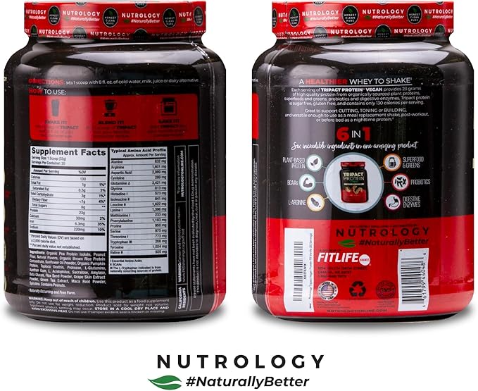 Nutrology TRIPACT Vegan Protein Powder - Organic Pea, Rice & Pumpkin Protein, BCAAs & Glutamine Plant-Based Meal Replacement Shakes for Muscle Recovery & Immunity, Peanut Butter & Vanilla, 20 Servings
