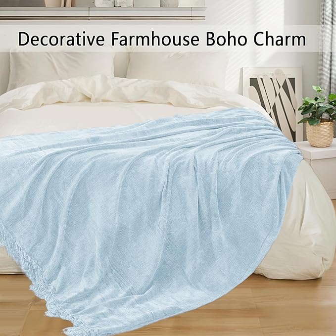 Chenille Throw Blanket for Couch 60"X 80" Twin, Soft Cozy Throws with Fringe Tassel for Bed Sofa Chair Cover, Lightweight Knitted Decorative Boho Blankets for Living Room, Light Blue