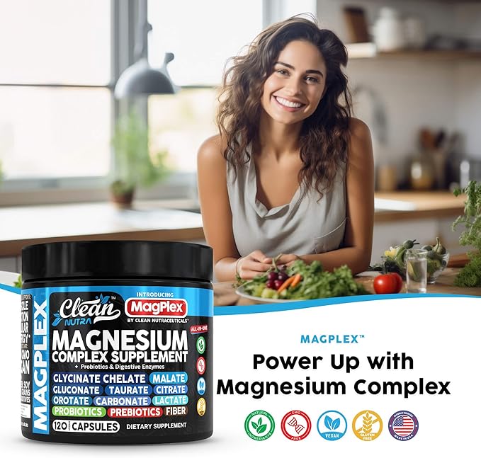 8in1 Magnesium Supplement Complex | Magnesium Glycinate Citrate Malate Gluconate Orotate Carbonate Lactate + Prebiotics Probiotics Digestive Enzymes Magnesio Capsules for Women Men by Clean Nutra