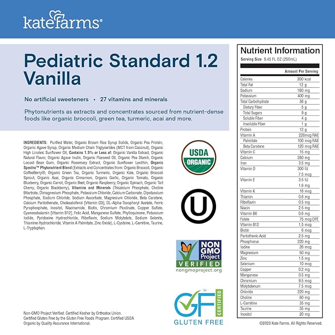 KATE FARMS Organic Pediatric 1.2 Sole-Source Vanilla Nutrition Shake, 12g protein, 27 Vitamins and Minerals, High Calorie Meal Replacement, Gluten Free, 8.45 oz (12 pack)