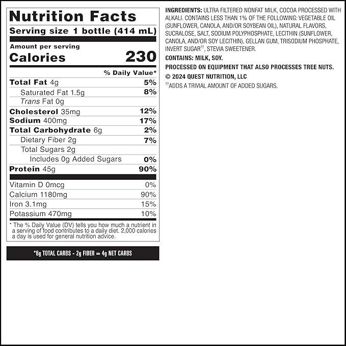 Quest Nutrition Chocolate Protein Shake, 45g Protein, 2g Sugar, 4g Net Carbs, Ready to Drink, Gluten Free, 12 Count