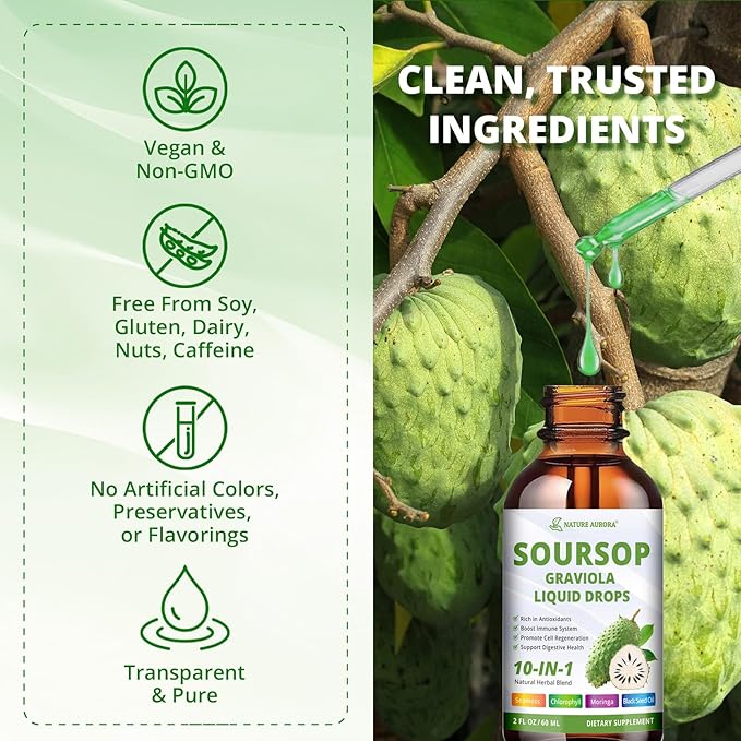 Soursop Drops - 10 in 1 Soursop Bitters Liquid, 2000mg Soursop Extract with Sea Moss, Moringa, Turmeric, Black Seed Oil, Oregano, Ashwagandha - Immune, Antioxidant, Digestive & Cell Support, 2 Fl Oz