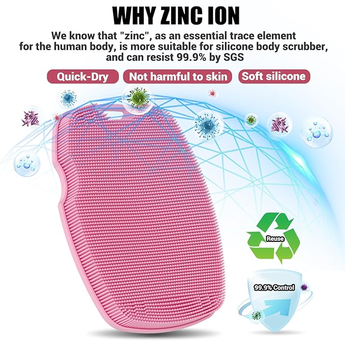 Silicone Body Scrubber Anti Slip for Shower,Zinc Infused Soft Bristles Shower Scrubber for Body Exfoliator,Hygienic,Blood Circulation - Pink