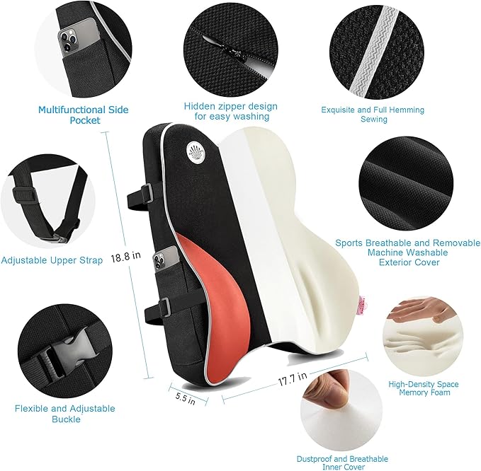 Lumbar Support Pillow for Office Chair,Memory Foam Back Support for Chair,Car Seat,Computer Chair,Recliner with Breathable Mesh Cover,Ergonomic Design for Back Pain Relief Improve Posture (Black)