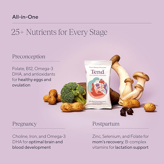 Tend Daily Best Prenatal Vitamin Bar, Made with Organic Ingredients for Pregnant & Postpartum Mothers, Includes DHA, Vitamin D, B, Choline, Folate - Peanut Butter Chocolate (4ct)