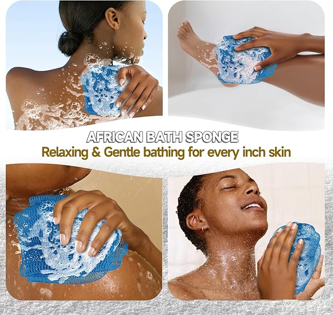 SubSahara Authentic African Net Sponge - 2 Pieces Exfoliating Scrubber for All Skin Types, Bath Sponge for Face & Body, Travel Portable, Durable, Gentle Exfoliation (Linen & Sky Blue)