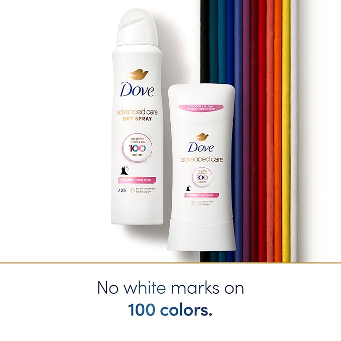 Dove Advanced Care Antiperspirant Deodorant Stick Clear Finish 4 Count deodorant that doesn’t stain clothes 72-hour odor control and all-day sweat protection with Pro-Ceramide Technology 2.6 oz