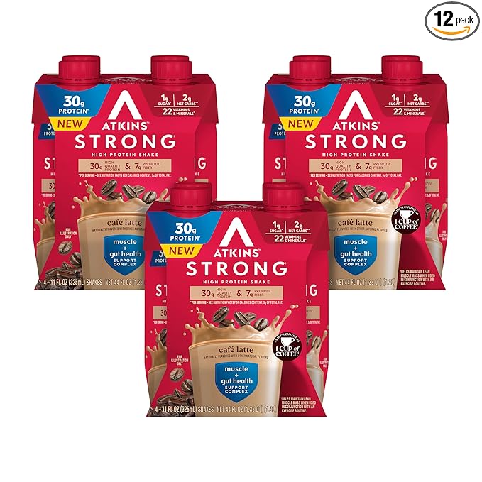 Atkins Strong High Protein Shake, Café Latte, 30g Protein, 7g Prebiotic Fiber, Muscle & Gut Health Support Complex, 12 Count