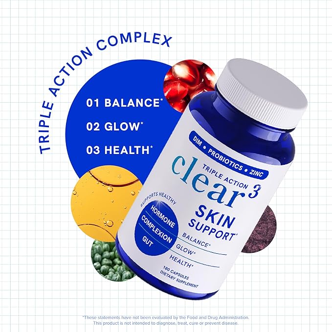 Clear Skin Acne Supplement with Zinc, DIM & Probiotics | 3-in-1 Balance, Clarify, Restore Support with Hyaluronic Acid & Skin Support Vitamins | for Women & Men | Oral Hormonal Acne Pills | 180 Ct