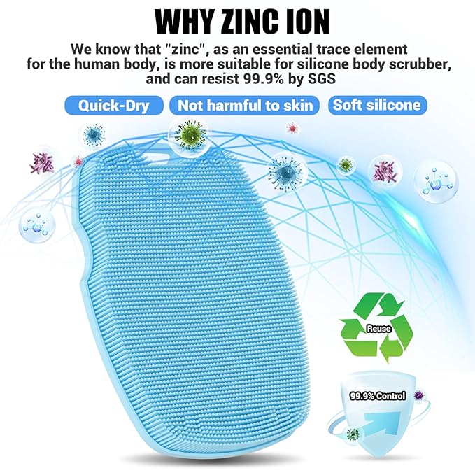 Silicone Body Scrubber Anti Slip for Shower,Zinc Infused Soft Bristles Shower Scrubber for Body Exfoliator,Hygienic,Blood Circulation - Azure