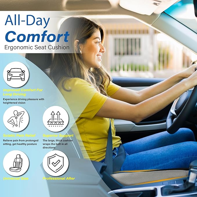 Car Seat Cushion, Ergonomic Memory Foam Car Cushion for Sciatica Pain Relief, Larger Driving Seat Pillow for Short Drivers on Long Drives - Butt Pillow for Truck, Office, Wheelchair - Large Black