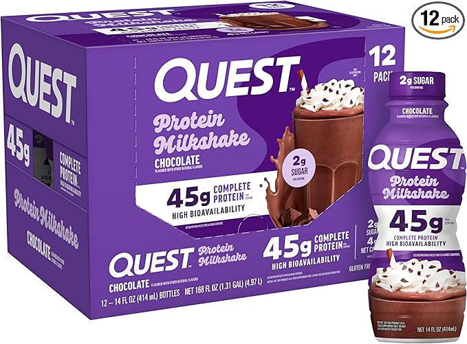 Quest Nutrition Chocolate Protein Shake, 45g Protein, 2g Sugar, 4g Net Carbs, Ready to Drink, Gluten Free, 12 Count