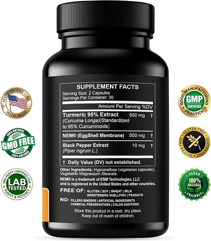 Turmeric Curcumin 95% Extract & Collagen Capsules - NEM Promotes Knee Comfort & Flexibility - Eggshell Membrane w Naturally Occurring Glucosamine Chondroitin Hyaluronic Acid- Made in USA