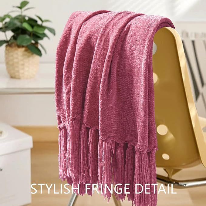 Chenille Throw Blanket for Couch 50"X 60", Soft Cozy Throws with Fringe Tassel for Bed Sofa Chair Cover, Lightweight Knitted Decorative Boho Blankets for Living Room, Rose Pink